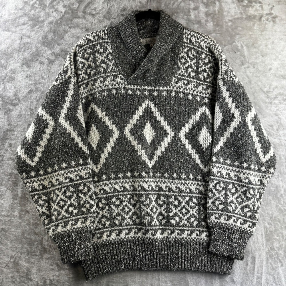 Collectif Sweater Mens XL Gray White Geometric Shawl Neck Wool Blend (1777)